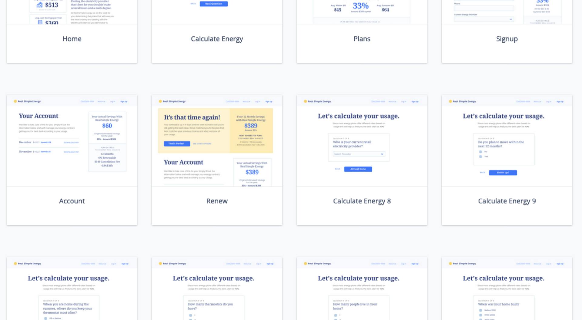 A screenshot from Invision of the Real Simple Energy prototype with twelve screens