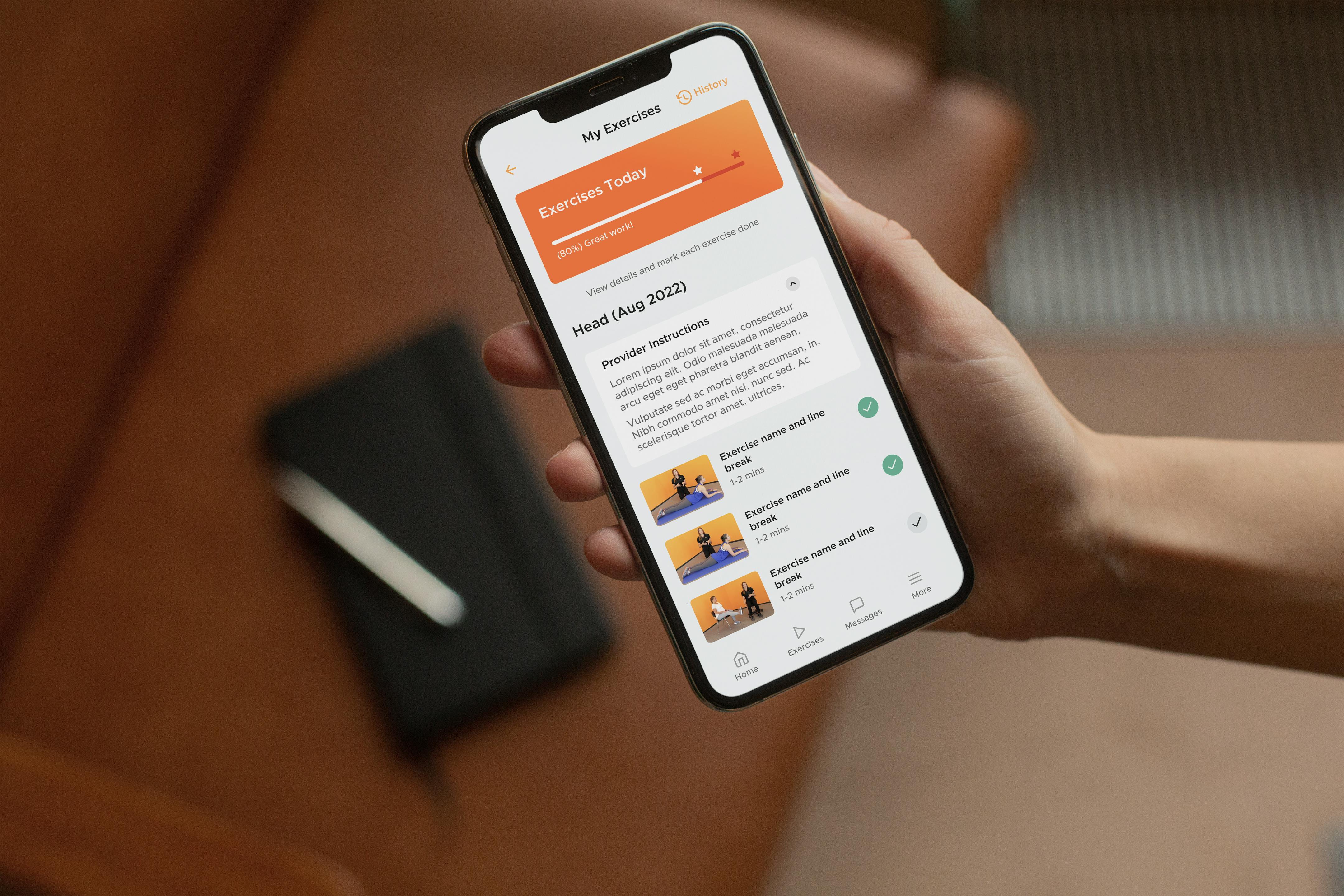 A hand holding a phone with the Airrosti mobile app. The app is showing the current exercise program with an 80% completion indication.