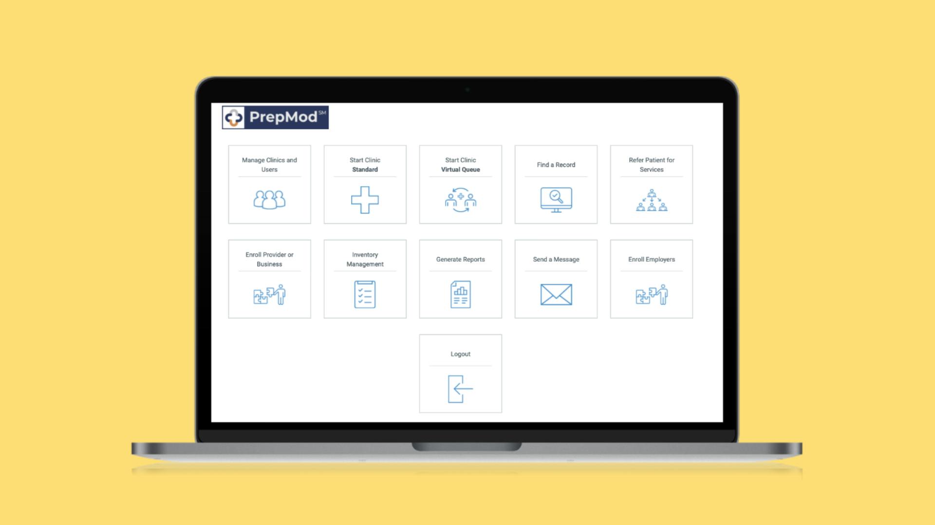 A screenshot of a PrepMod page on a laptop on a yellow background.
