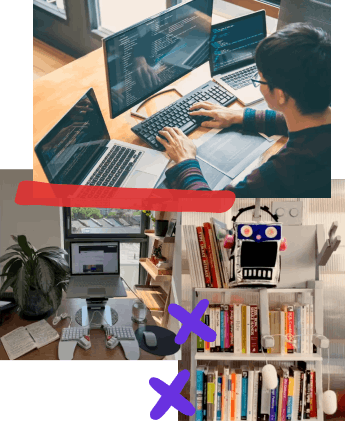 Collage of three photos: thoughtbot teammate working at laptop, an ergonomic development workspace, and a bookshelf full of colorful business and development books.