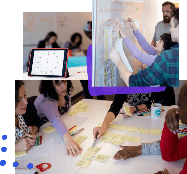 Photo collage with handdrawn elements; from top left a time timer with only a few seconds left, people pinning up sketches during a design sprint, people discussing different ideas