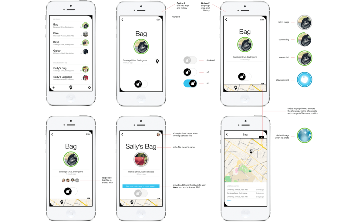 An early versions of the app interface provided by Tile's head of UX. Many of these early versions tested the affordance for turning on the Tile unit’s sound.