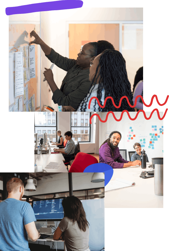 A photo collage depicting people at work consisting of four photos and three hand-drawn elements, from top to bottom; two people pinning up storyboard sketches during a design sprint, two developers working side by side at their desks in a well lit office, two people at a conference table smiling with post-its on the wall behind them, the backs of a designer and developer working together on code at the same desk