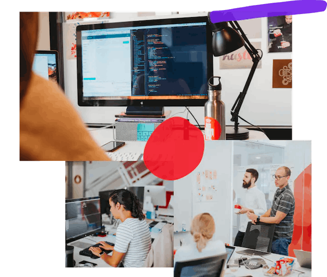 Collage of three photos: the first is taken from over the shoulder of a developer working on test-driven code while posters line the wall behind their monitor; the second is a developer working diligently at their desk; the third is three people in a conference room talking while gesturing towards a white-board covered in post-its and writing.