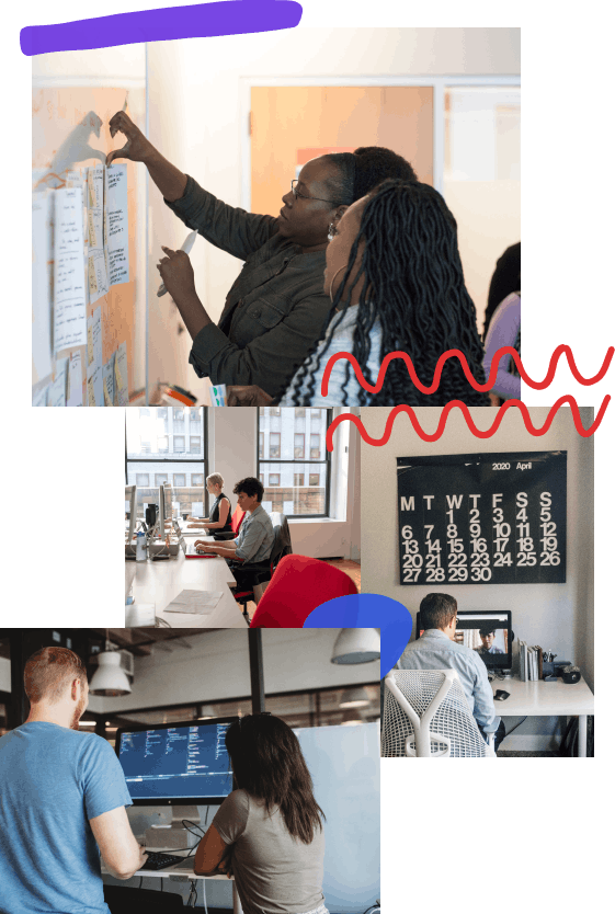 A photo collage depicting people at work consisting of four photos and three hand-drawn elements, from top to bottom; two people pinning up storyboard sketches during a design sprint, two developers working side by side at their desks in a well lit office, a designer sitting on a video call at a desk below a wall calendar, the backs of a designer and developer working together on code at the same desk
